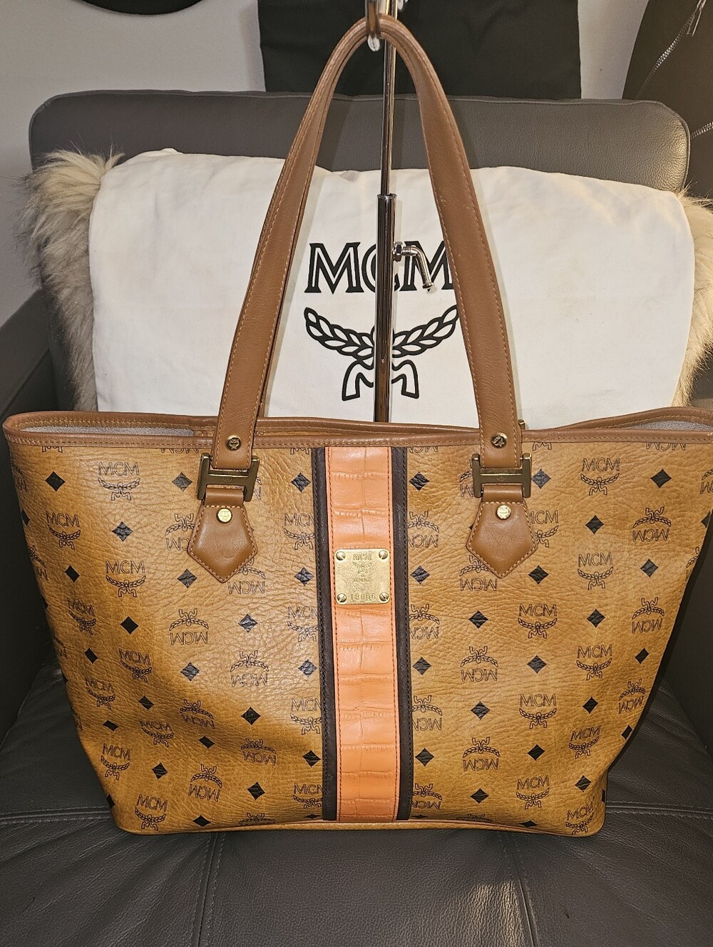 MCM Cognac Visetos Logo Tote with Orange Center Stripe